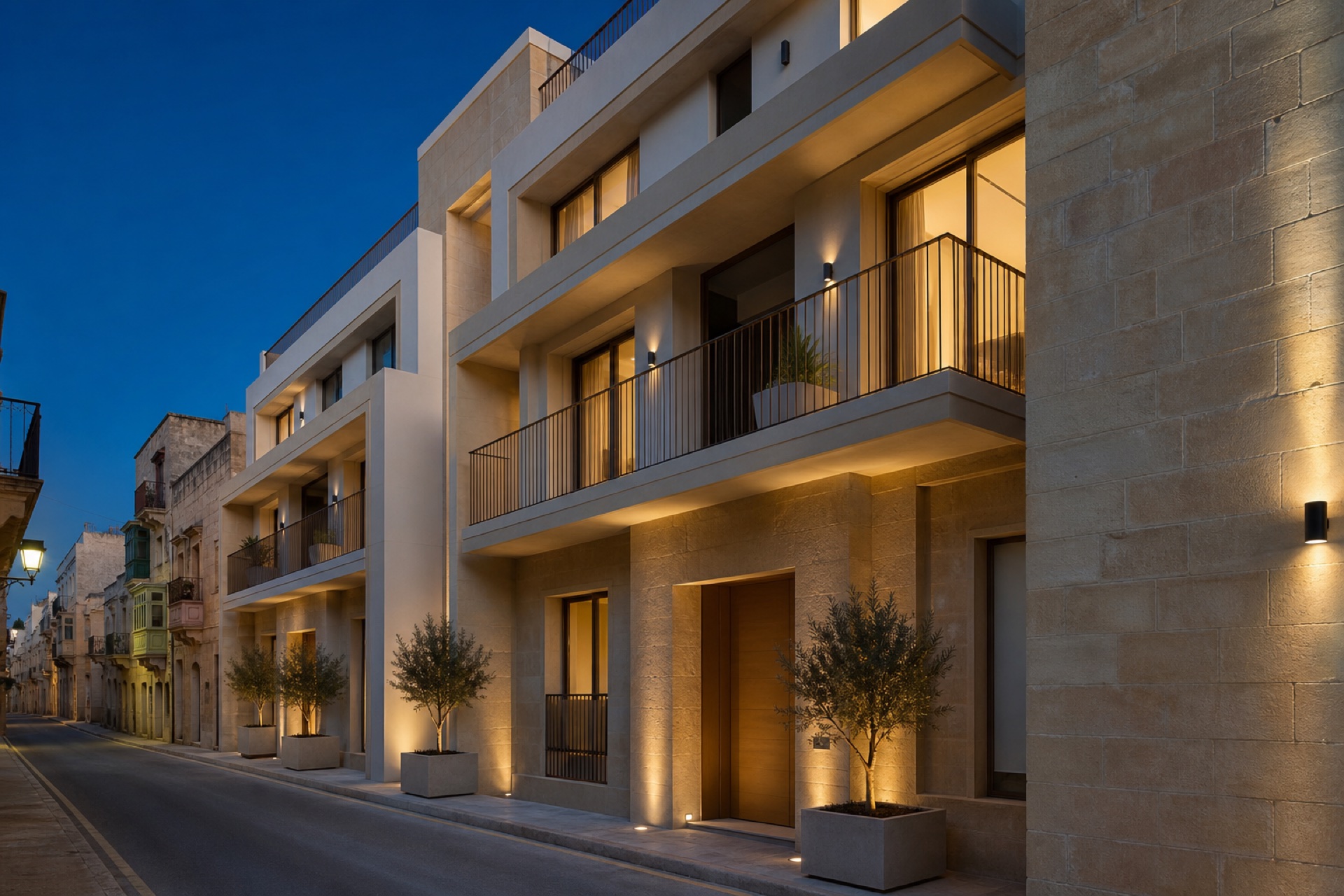 Contemporary Merci development in Maltese limestone at dusk